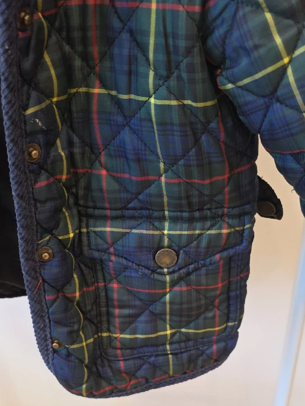 Ralph Lauren Quilted Plaid Puffer Jacket in Navy w/ Yellow & Red Accents 3T